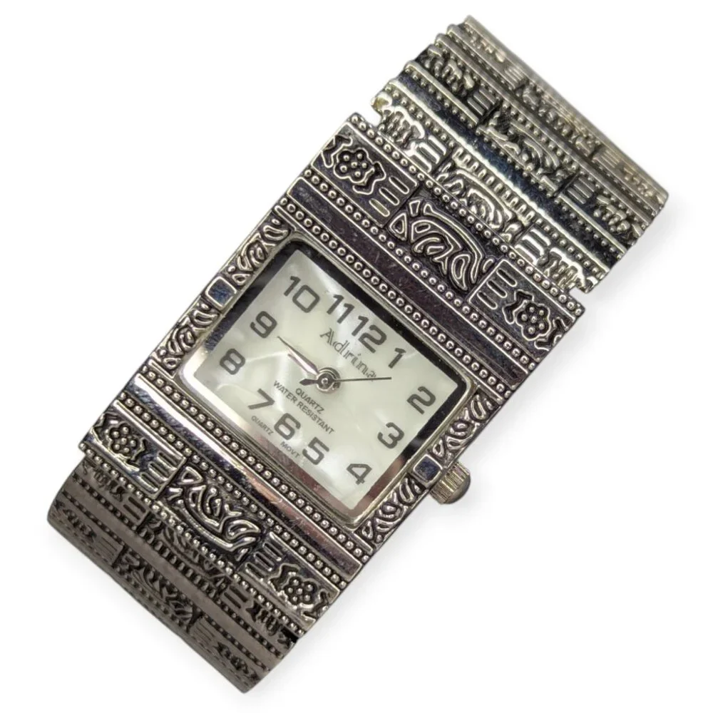 Adrina 3112 Quartz Movement Intricate Silver Tone Cuff Watch w/ Rectangular Face